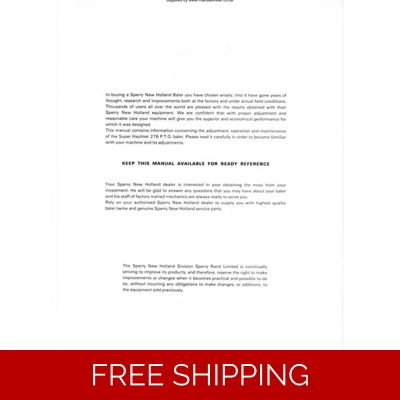 NEW HOLLAND 276 BALER OPERATORS AND SERVICE MANUAL NEW HOLLAND 276 BALER OPERATORS AND SERVICE MANUAL